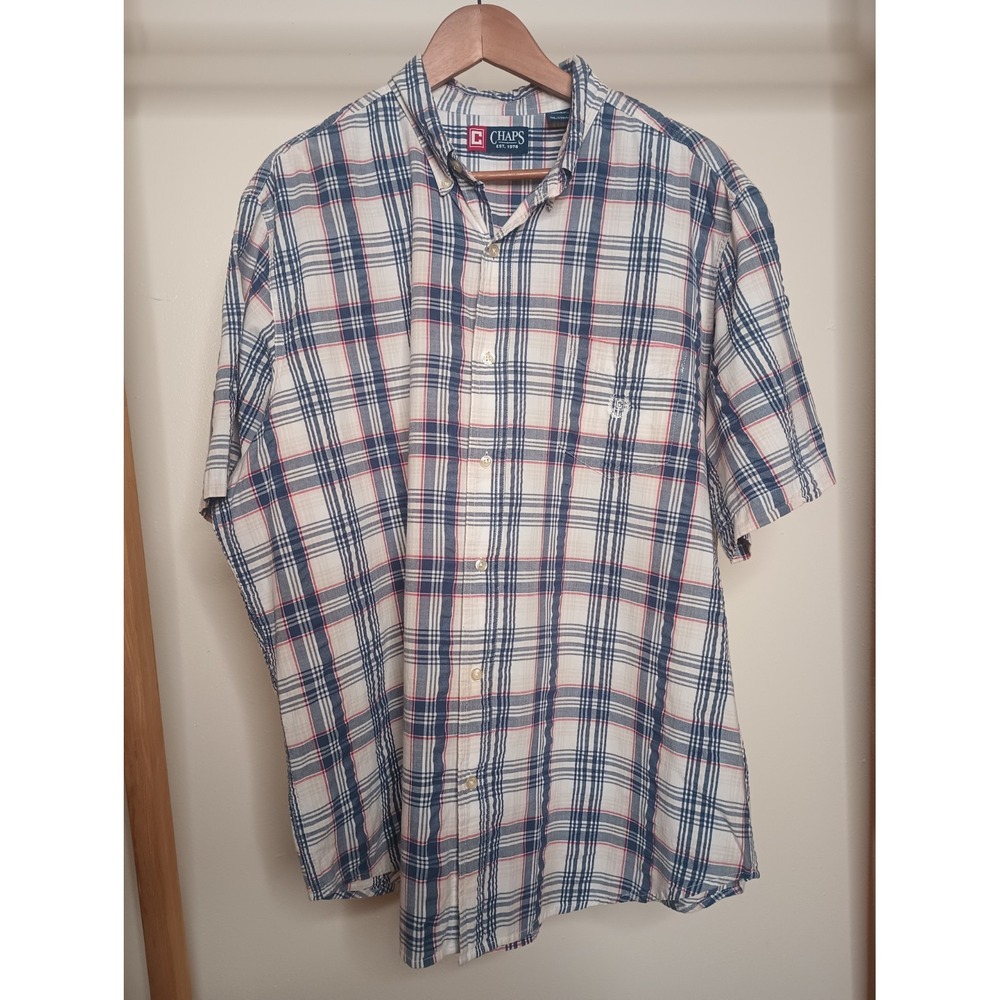 Chaps Mens Seersucker Plaid Button Down Shirt 2XL White Blue Red Short Sleeve